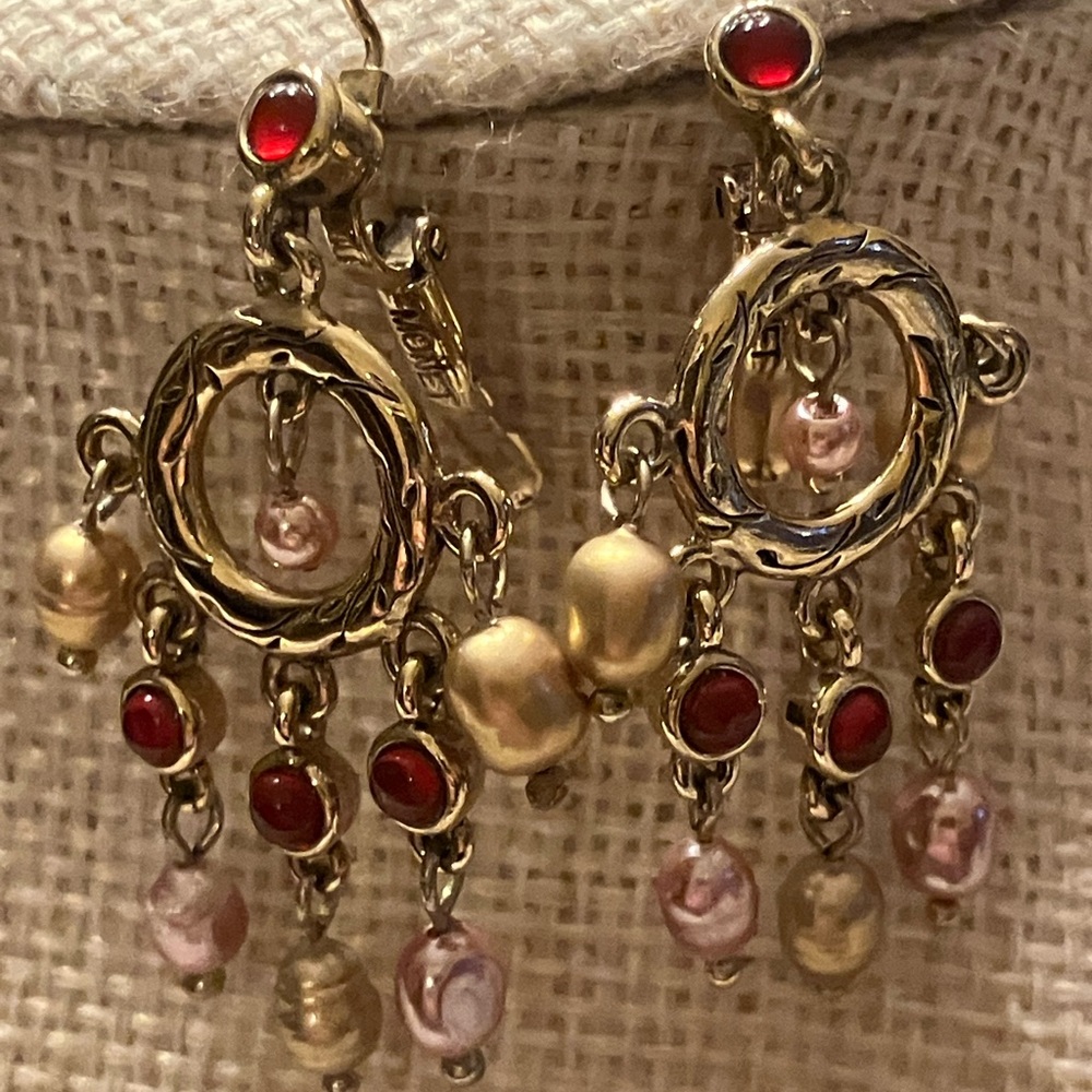 Monet Gold-Tone Chandelier Earrings with Pink Pearls and Red Stones